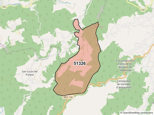 Mapa del código postal 51326, Temascaltepec, México