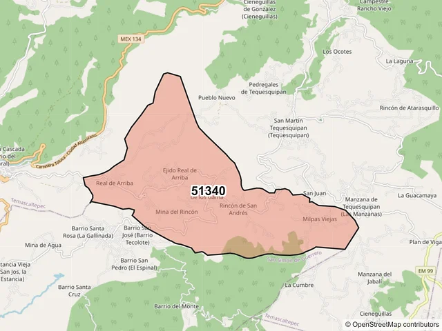 Mapa del código postal 51340, Temascaltepec, México