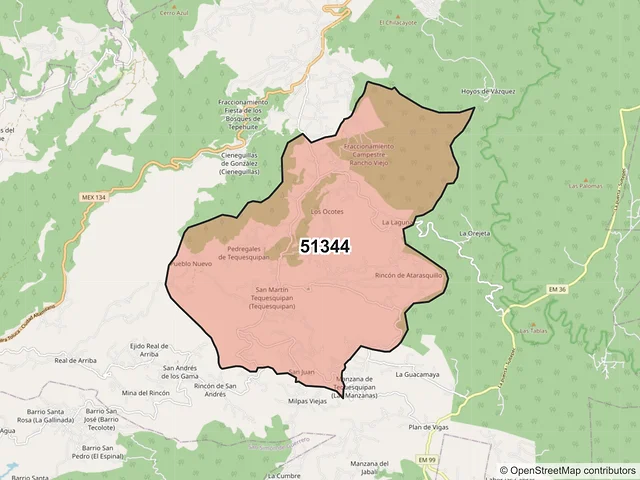 Mapa del código postal 51344, Temascaltepec, México