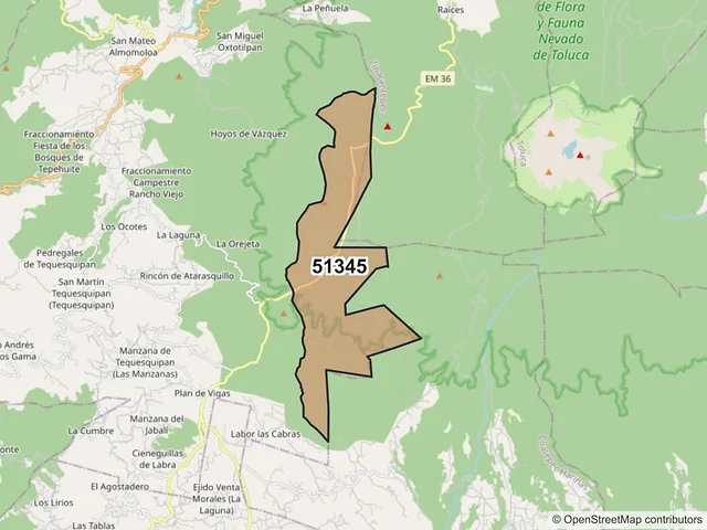 Mapa del código postal 51345, Temascaltepec, México