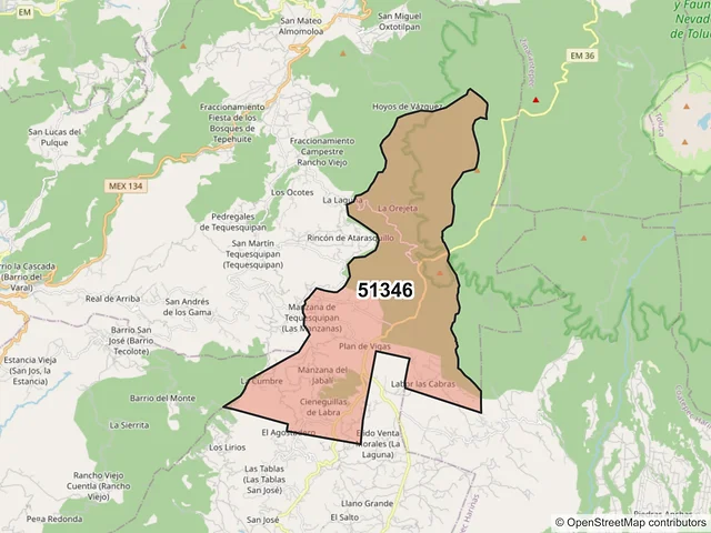 Mapa del código postal 51346, Temascaltepec, México