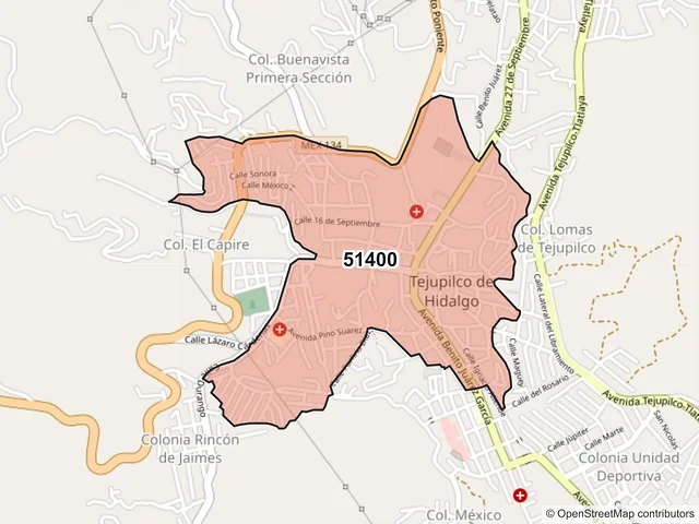 Mapa del código postal 51400, Tejupilco, México