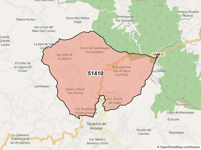 Mapa del código postal 51410, Tejupilco, México