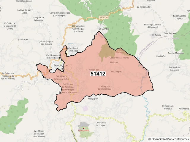Mapa del código postal 51412, Tejupilco, México
