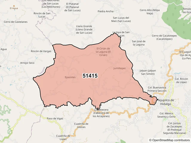 Mapa del código postal 51415, Tejupilco, México