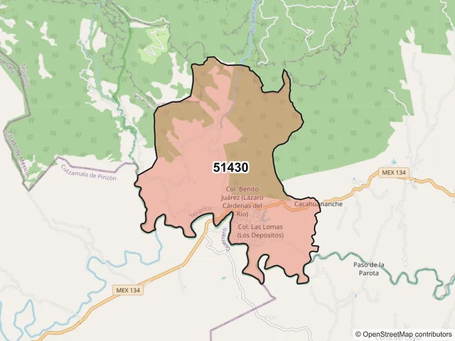 Mapa del código postal 51430, Tejupilco, México