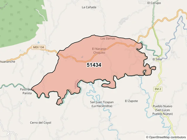 Mapa del código postal 51434, Tejupilco, México
