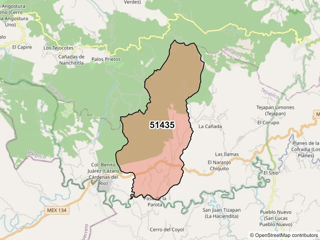 Mapa del código postal 51435, Tejupilco, México
