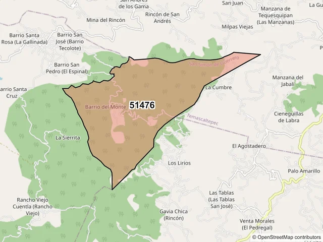 Mapa del código postal 51476, San Simón de Guerrero, México