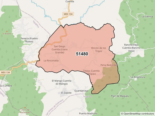 Mapa del código postal 51480, San Simón de Guerrero, México