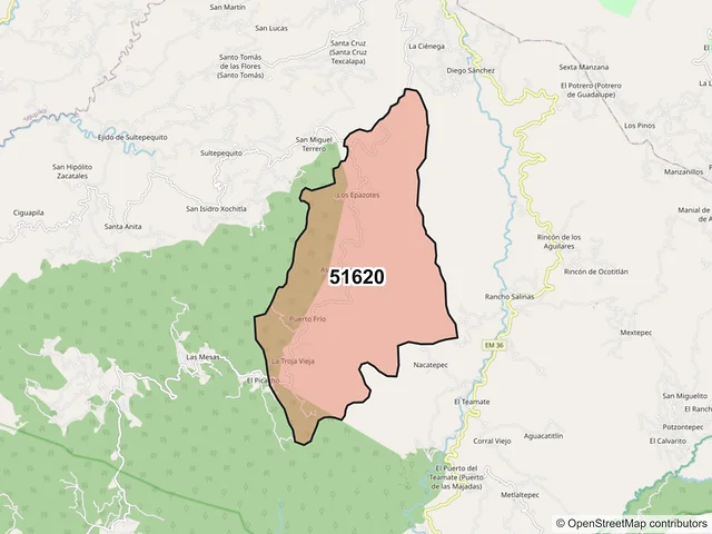 Mapa del código postal 51620, Sultepec, México