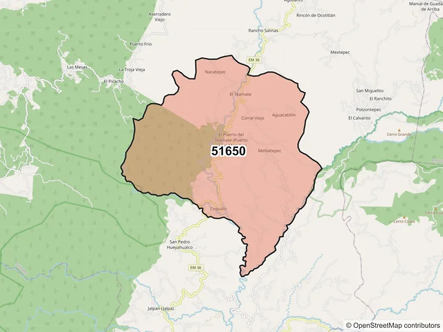 Mapa del código postal 51650, Sultepec, México