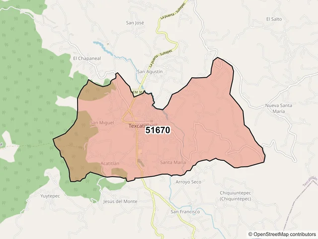 Mapa del código postal 51670, Texcaltitlán, México