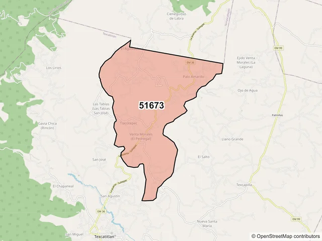 Mapa del código postal 51673, Texcaltitlán, México