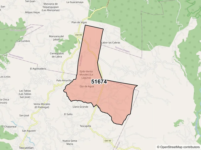 Mapa del código postal 51674, Texcaltitlán, México