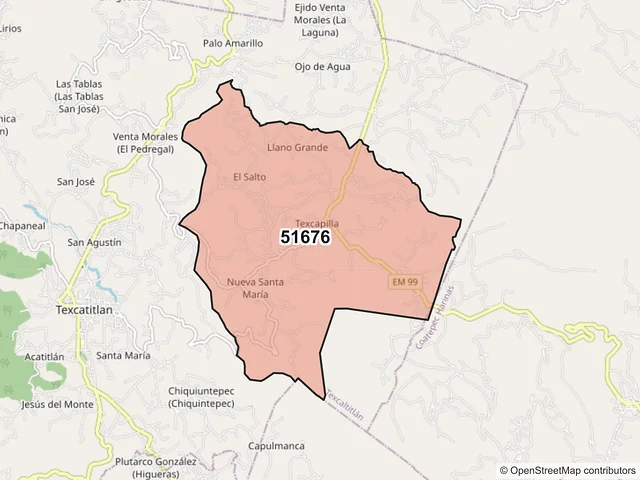 Mapa del código postal 51676, Texcaltitlán, México