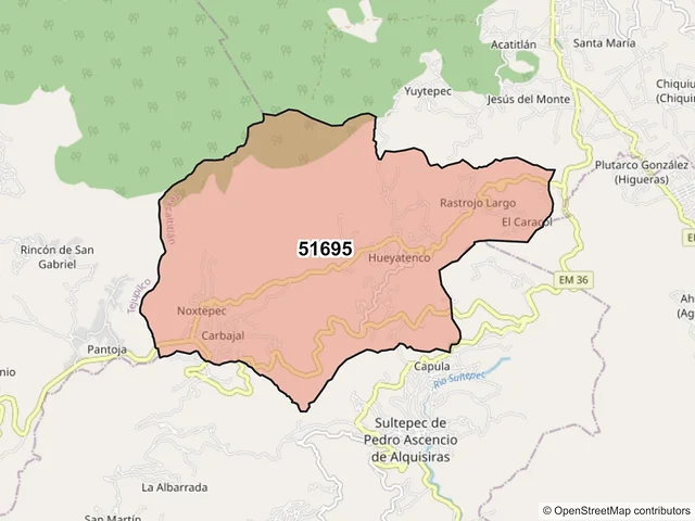 Mapa del código postal 51695, Texcaltitlán, México