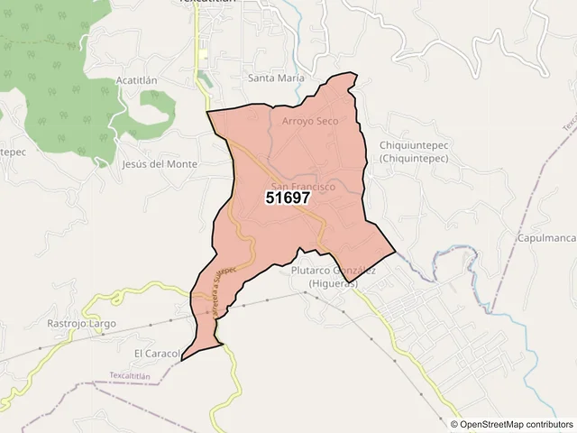 Mapa del código postal 51697, Texcaltitlán, México