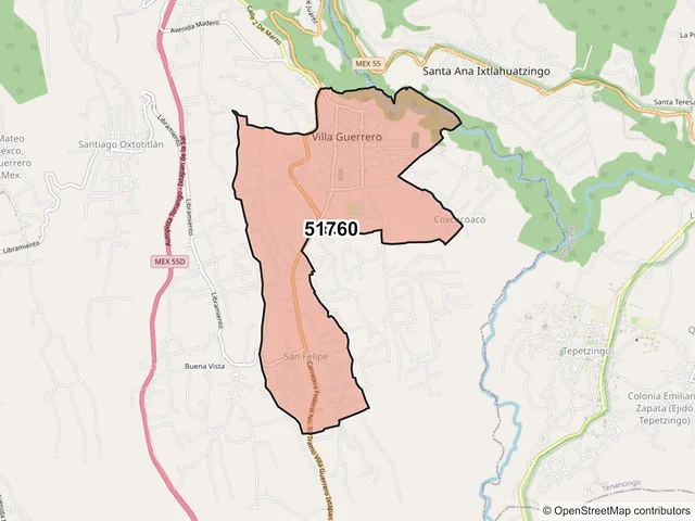 Mapa del código postal 51760, Villa Guerrero, México