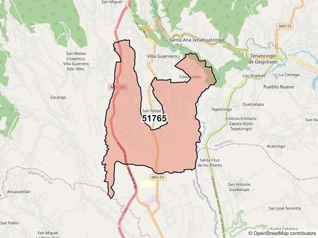 Mapa del código postal 51765, Villa Guerrero, México