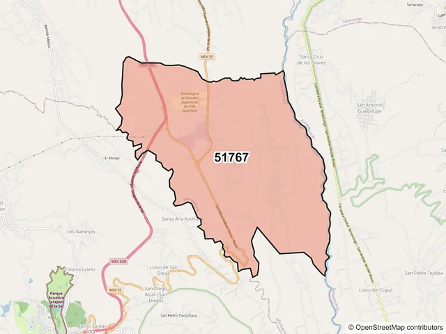 Mapa del código postal 51767, Villa Guerrero, México