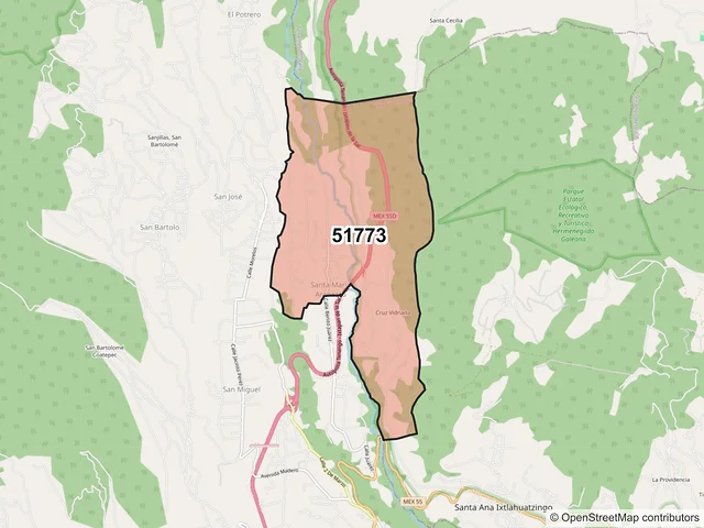 Mapa del código postal 51773, Villa Guerrero, México