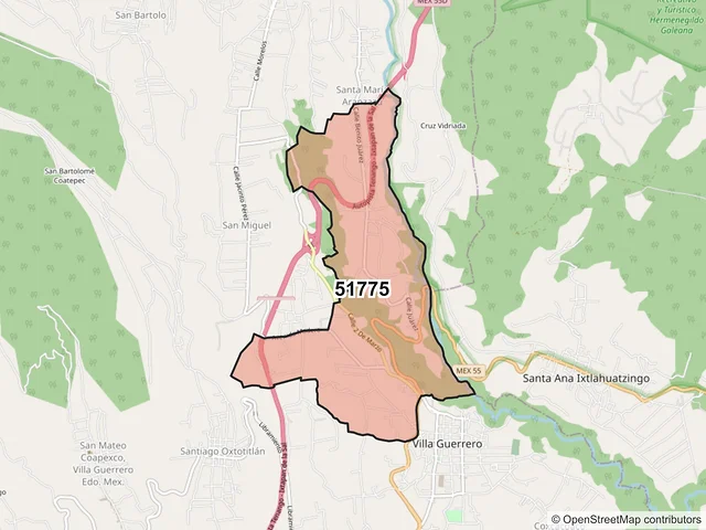 Mapa del código postal 51775, Villa Guerrero, México