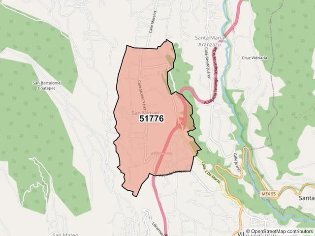 Mapa del código postal 51776, Villa Guerrero, México