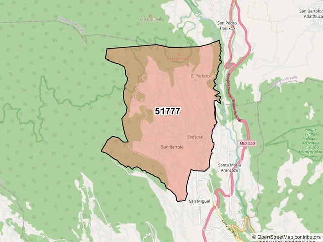 Mapa del código postal 51777, Villa Guerrero, México