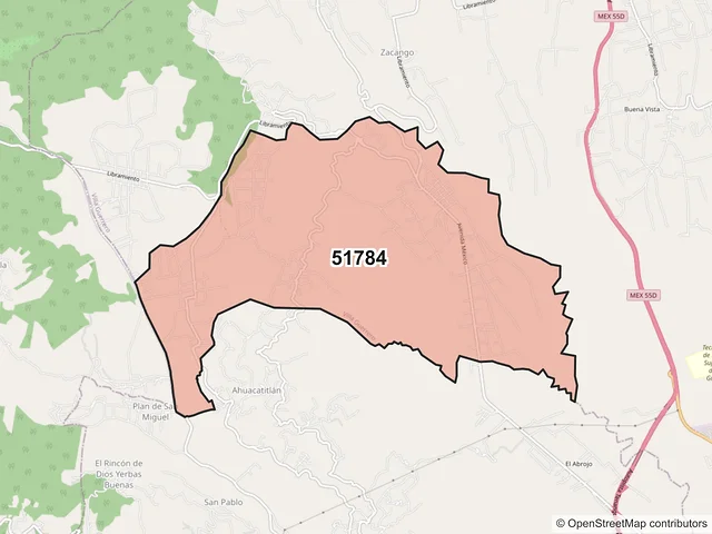 Mapa del código postal 51784, Villa Guerrero, México