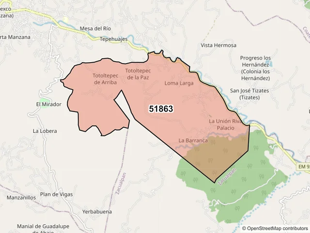 Mapa del código postal 51863, Almoloya de Alquisiras, México