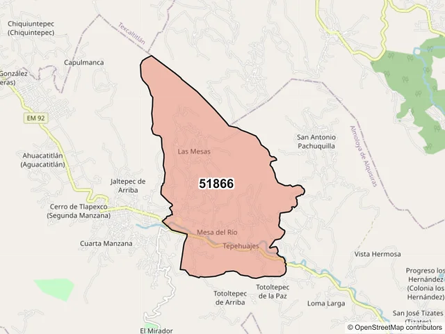 Mapa del código postal 51866, Almoloya de Alquisiras, México