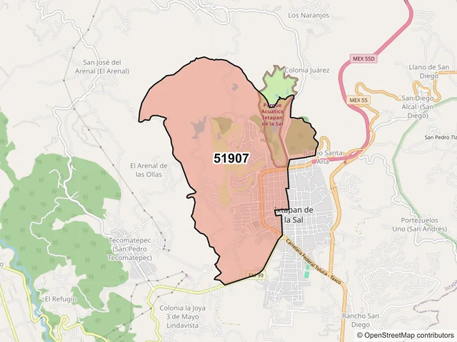 Mapa del código postal 51907, Ixtapan de la Sal, México