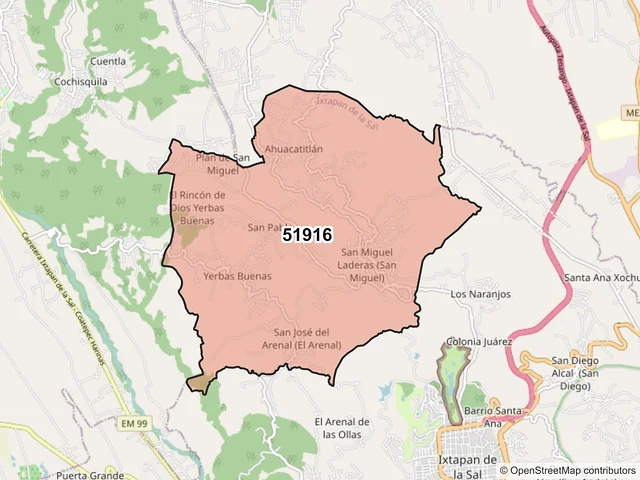 Mapa del código postal 51916, Ixtapan de la Sal, México