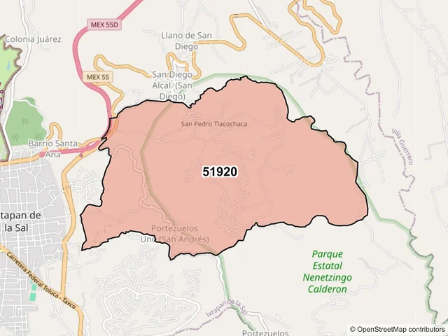 Mapa del código postal 51920, Ixtapan de la Sal, México