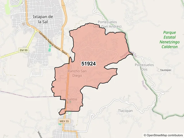 Mapa del código postal 51924, Ixtapan de la Sal, México