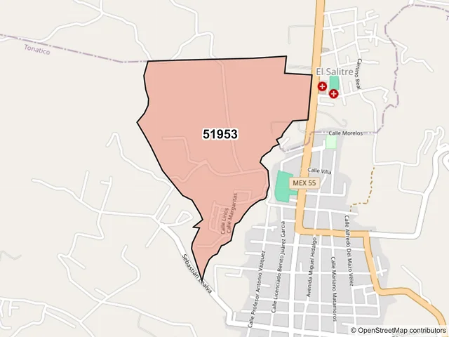 Mapa del código postal 51953, Tonatico, México