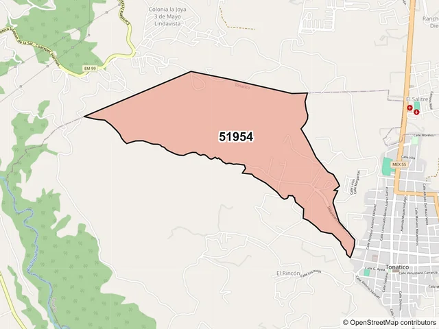 Mapa del código postal 51954, Tonatico, México