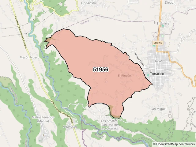 Mapa del código postal 51956, Tonatico, México