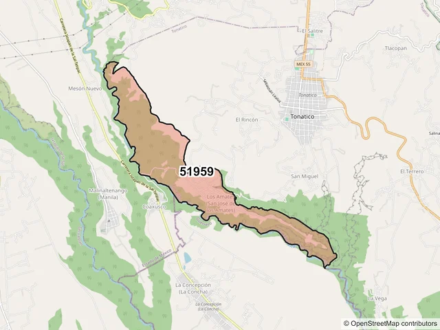Mapa del código postal 51959, Tonatico, México