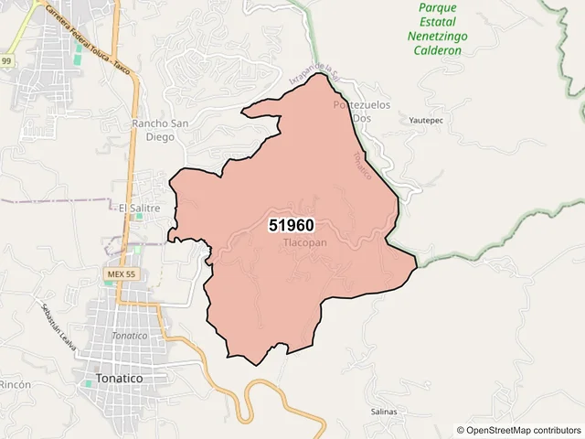 Mapa del código postal 51960, Tonatico, México