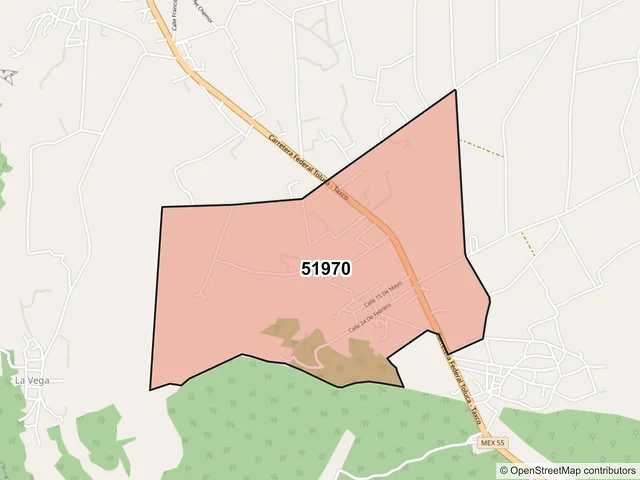 Mapa del código postal 51970, Tonatico, México