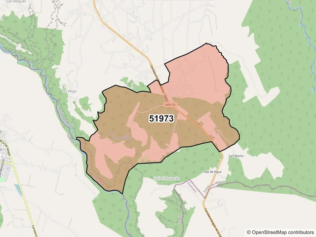 Mapa del código postal 51973, Tonatico, México