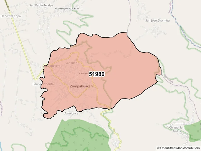 Mapa del código postal 51980, Zumpahuacán, México