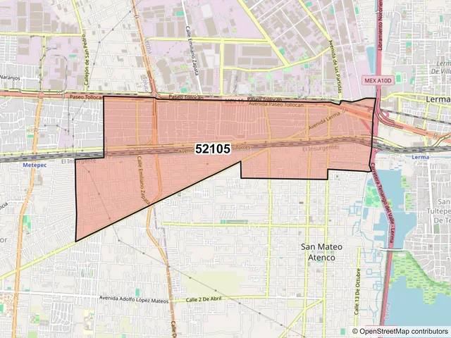 Mapa del código postal 52105, San Mateo Atenco, México