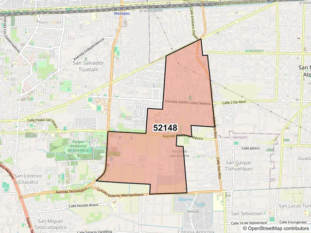Mapa del código postal 52148, Metepec, México