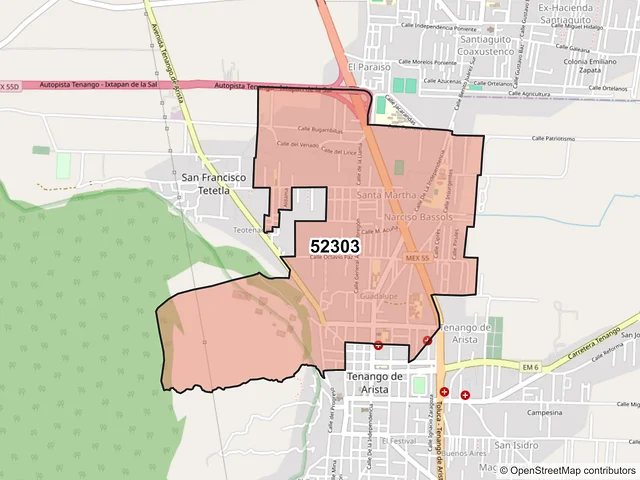 Mapa del código postal 52303, Tenango del Valle, México