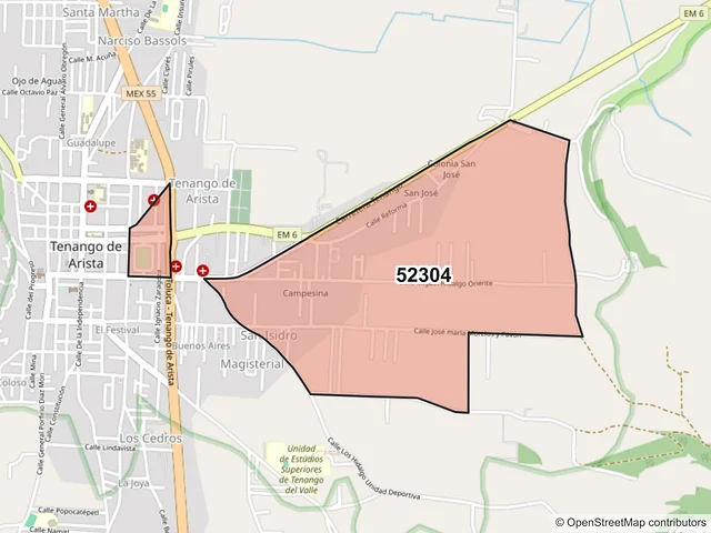 Mapa del código postal 52304, Tenango del Valle, México