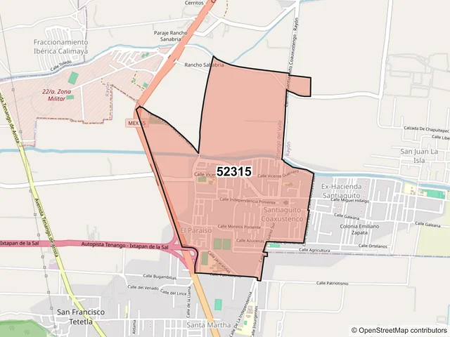 Mapa del código postal 52315, Tenango del Valle, México