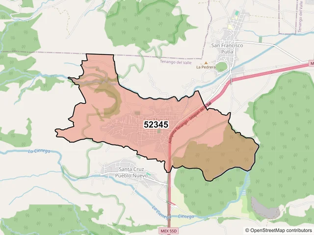 Mapa del código postal 52345, Tenango del Valle, México